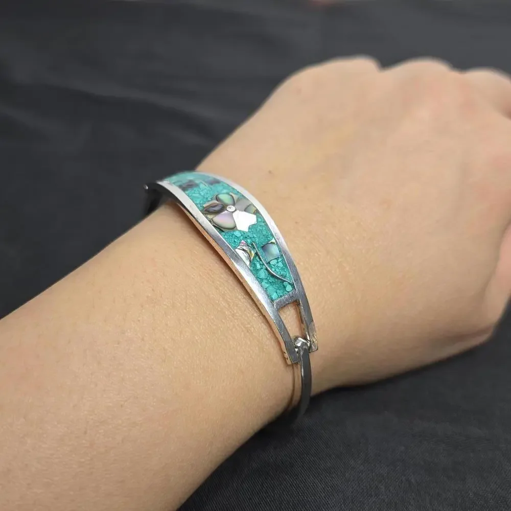 Vintage Taxco Mexico Turquoise Abalone Inlay Hinged Bracelet Silver Tone Metal - Picture 8 of 9